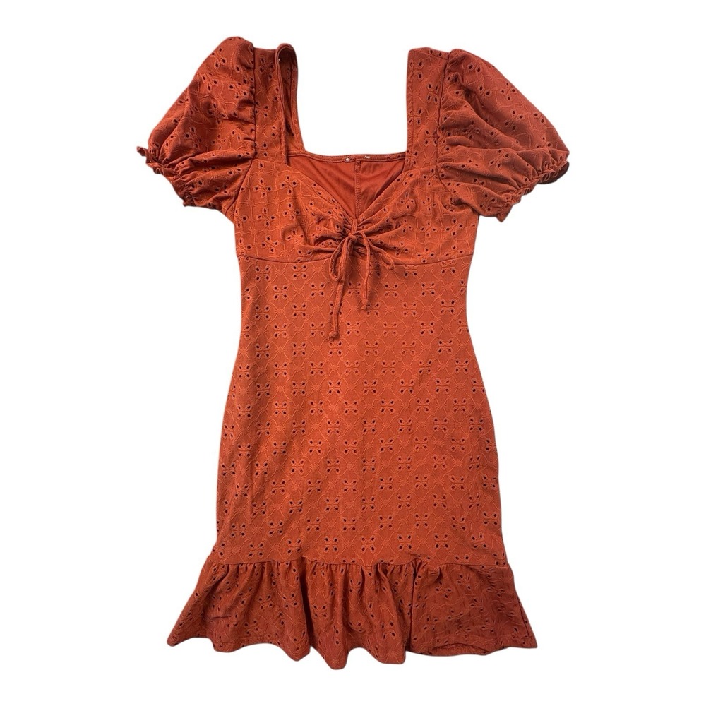 Unbranded Rust Eyelet Puff Sleeve Mini Dress Size S Ruffle Hem Boho‎